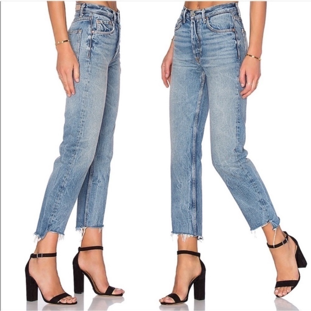 GRLFRND Helena cropped jeans in close to you blue size 25 boho asymmetric hem